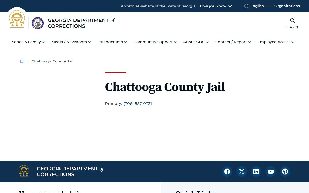 Chattooga County Jail inmate contact listing from Georgia Department of Corrections