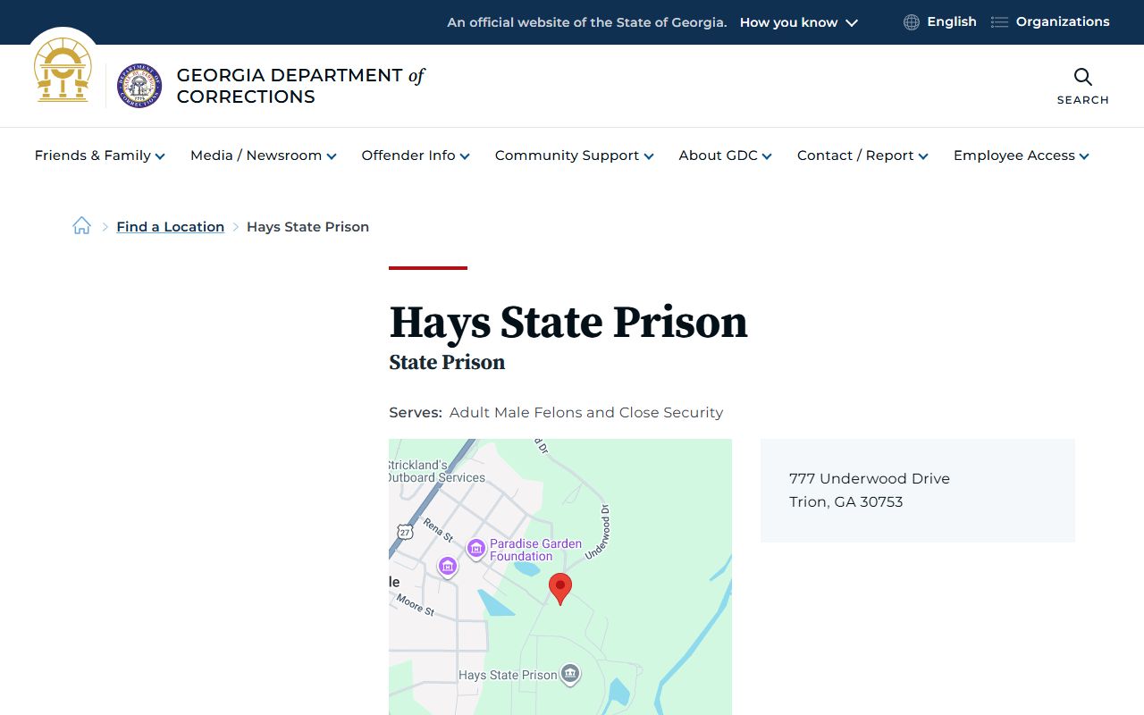 Hays State Prison inmate information page from Georgia Department of Corrections